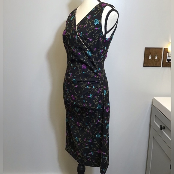 Vintage 90s Nicole Miller Floral Midi Embroidered Lace V-Neck Black Dress Size 8 - Picture 2 of 16